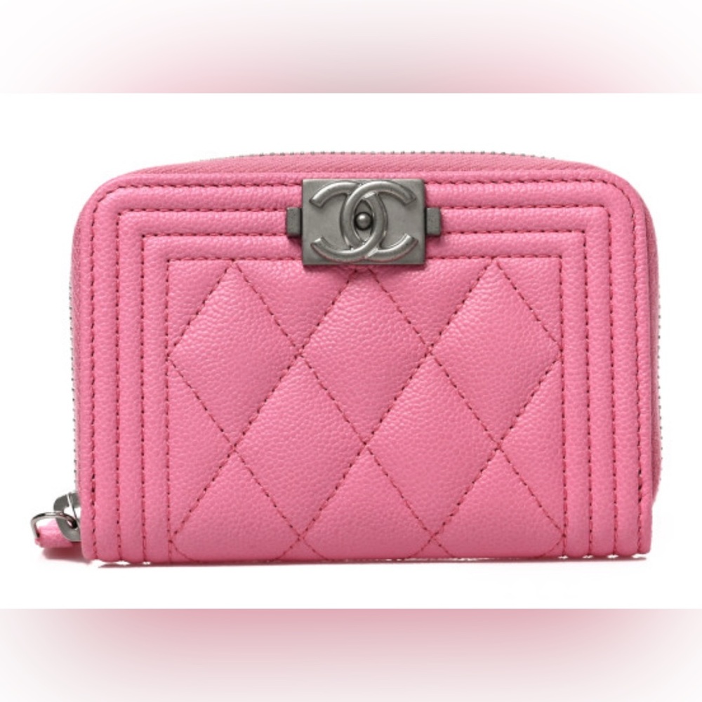 CHANEL Pink Caviar Quilted Boy Zip Around Coin Pouch